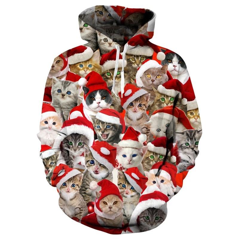 Christmas Hoodies Women Men 3D Cat With Santa Hat Sweatshirts