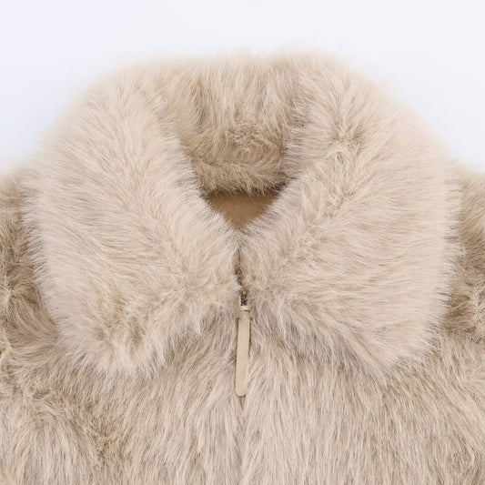 Women's collar long sleeved zipper faux fur jacket