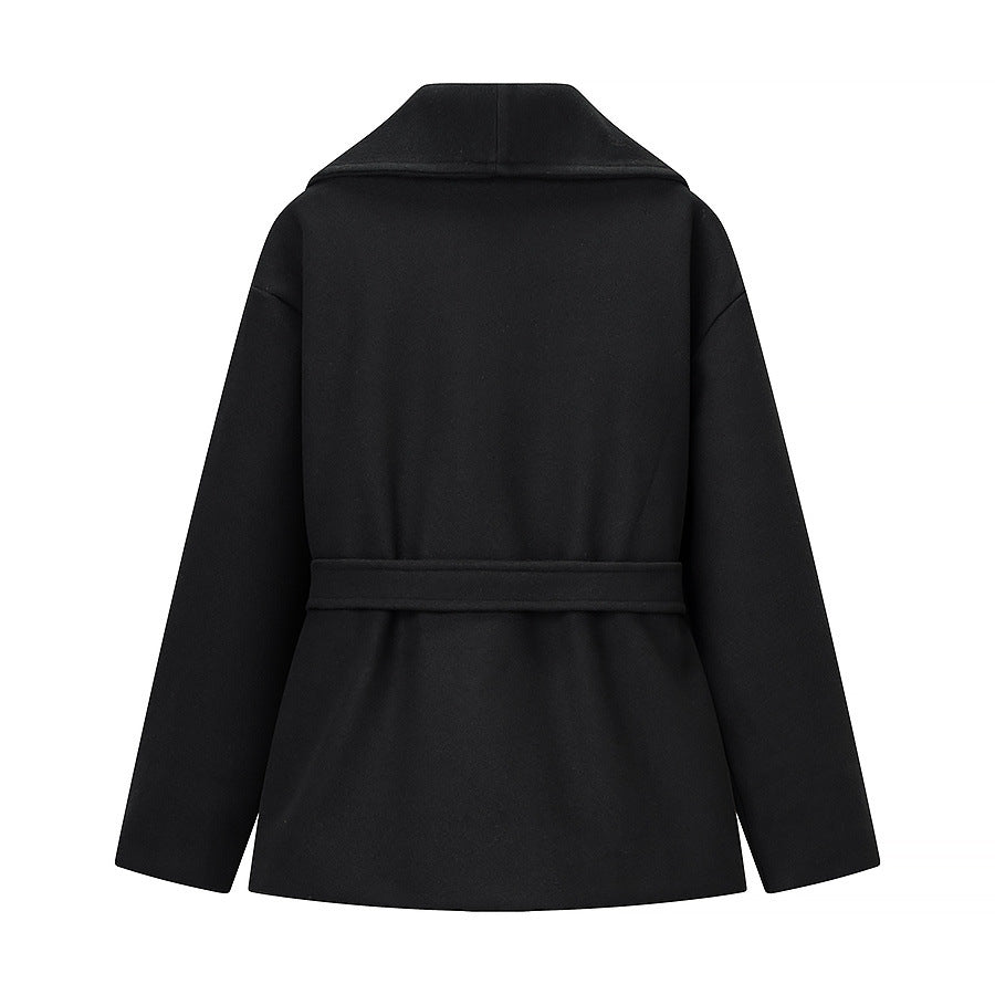 Collar black woolen coat for women