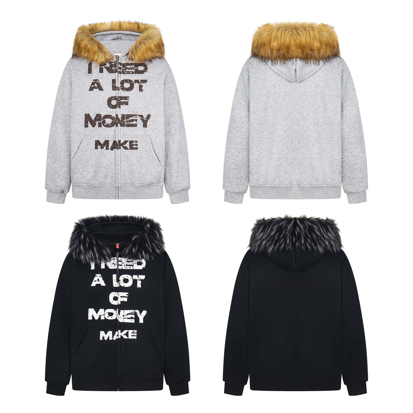 Manteau hiver Retro Letter Print Fleece Hooded Zip-Up Sweatshirt Unisex Streetwear Loose Casual Jacket