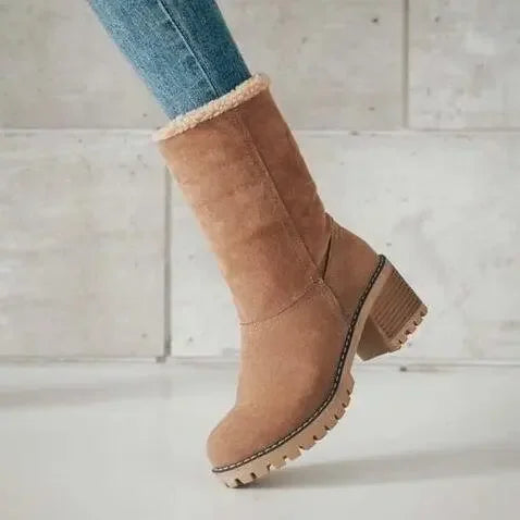 Bottes de neige doublées en polaire pour femmes, grande taille, bout rond, talon moyen, semelle extérieure en caoutchouc, chaud d'hiver, Style décontracté, chaussons en cuir et fourrure