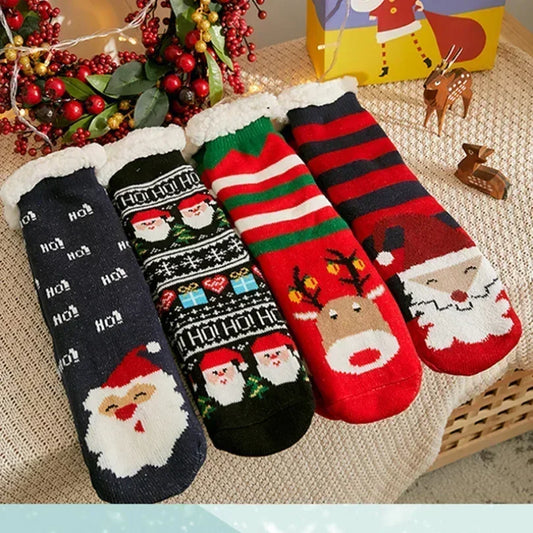 Cadeau de noël pantoufle chaussettes femmes thermique hiver chaud en peluche antidérapant poignée dormir sol chaussette courte floue moelleux femme dessin animé