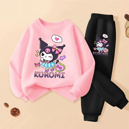 SANRIO-Sweat-shirt imprimé Kuromi pour filles, ensemble de vêtements pour enfants, survêtement respirant, mince, imbibé, dessin animé, printemps, automne, 2 pièces