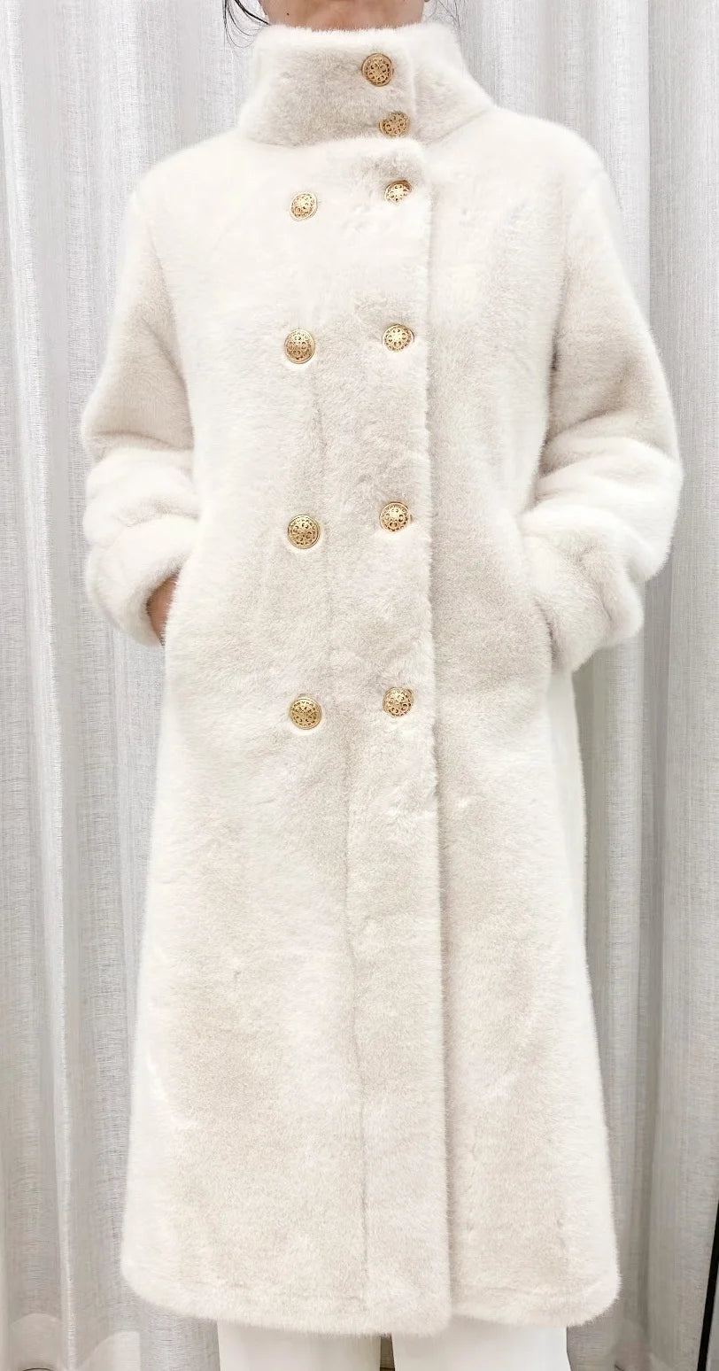 Manteau long en fausse fourrure pour femme, veste ample à double boutonnage, manteau atmosphérique haut de gamme, automne et hiver, nouveau, 24