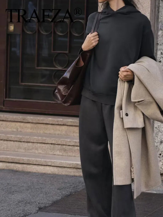 HH femmes solide décontracté sweat pantalon costume à manches longues à capuche polaire pull manteau ample pantalon droit automne femme ensemble