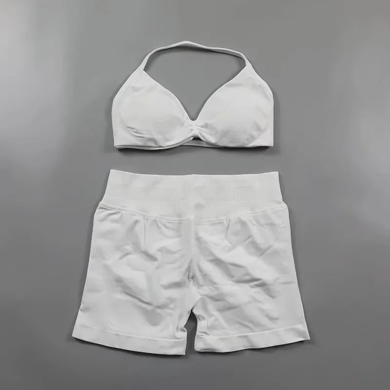 Ensemble de Yoga froncé sans couture pour femmes, vêtements de sport, short de gymnastique, soutien-gorge à bretelles, ensemble 2 pièces, col licou, vêtements d'entraînement, costume de Fitness