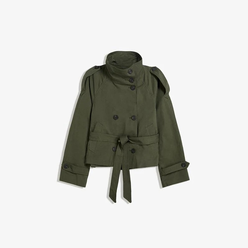 Mode ceinture courte Trench manteau femmes col montant Double boutonnage poche à manches longues manteaux 2025 automne dame trajet Chic vêtements d'extérieur