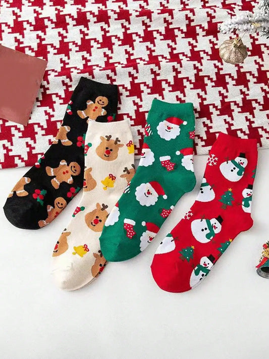 Chaussettes chaudes en coton sur le thème de noël, caractéristiques mignonnes, paquet de paires simples ou quatre, chaussures joyeuses et confortables pour les vacances