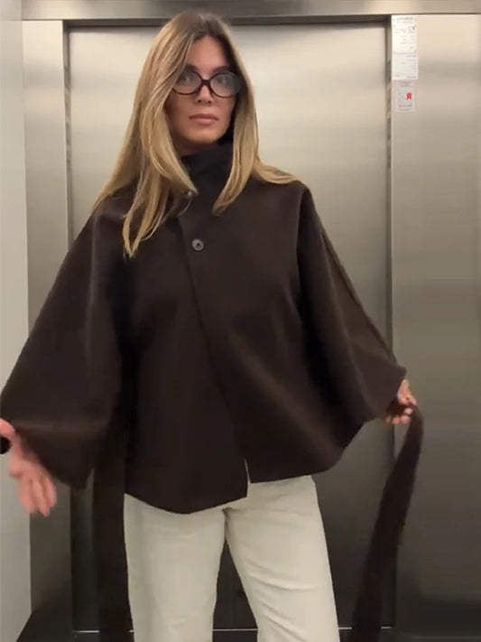 Manteau femme Cape courte manteaux pour femmes ceinture fausse laine et mélanges manteaux automne hiver solide manteaux élégant Cape veste dames