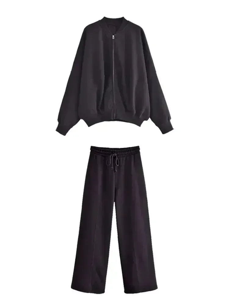 Ensemble 2 pièces à la mode pour femme, sweat-shirt polaire doublé, veste bombardier extensible + pantalon taille haute pour femme sauvage, hiver 2025