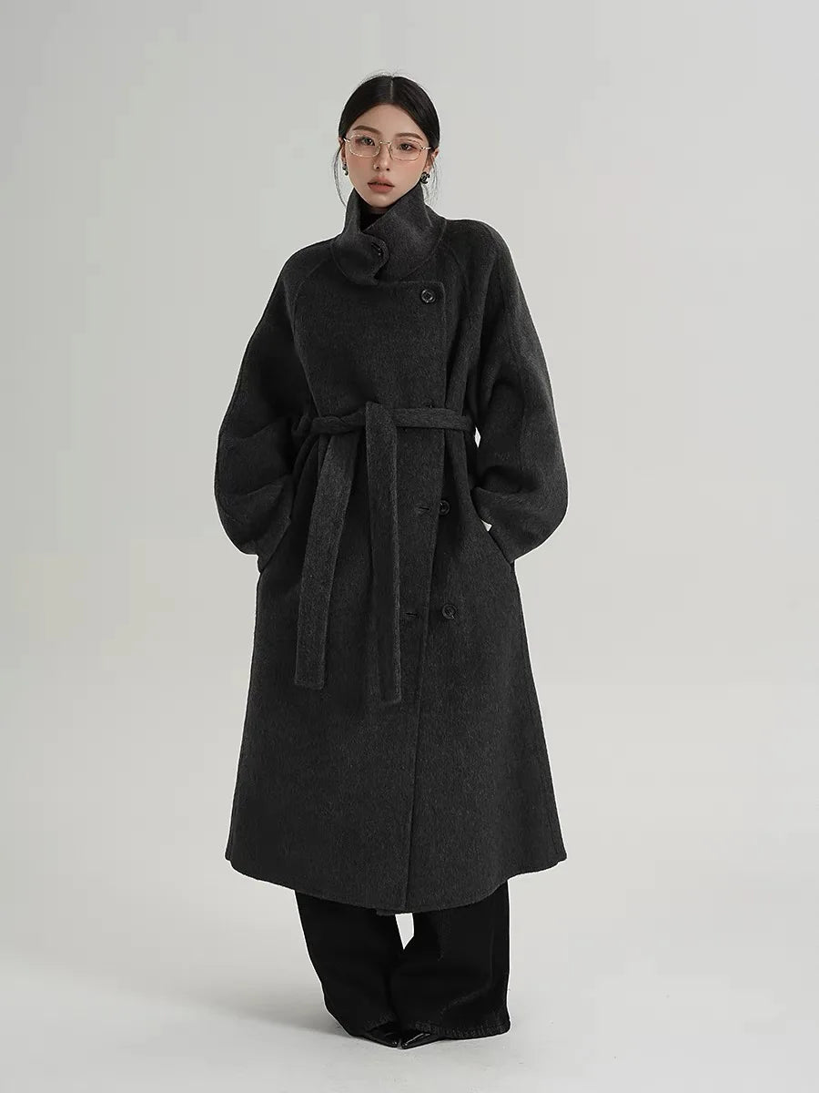 Manteau Long en laine gris avancé à col montant pour femmes, vêtements d'automne et d'hiver, nouveau manteau en laine Double face à la mode