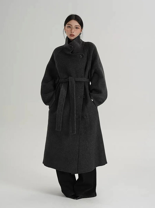 Manteau Long en laine gris avancé à col montant pour femmes, vêtements d'automne et d'hiver, nouveau manteau en laine Double face à la mode