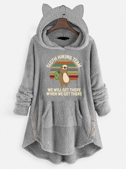 Sweat-shirt à manches longues à capuche en polaire avec oreilles de chat et motif imprimé