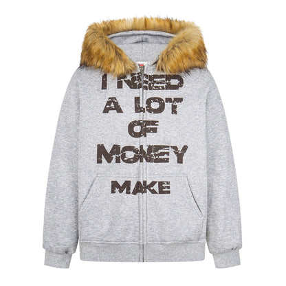 Manteau hiver Retro Letter Print Fleece Hooded Zip-Up Sweatshirt Unisex Streetwear Loose Casual Jacket
