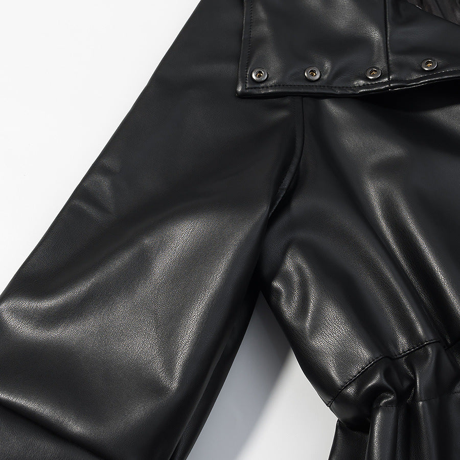 Temperament stand collar long sleeved single breasted black PU jacket with waist cinching for women