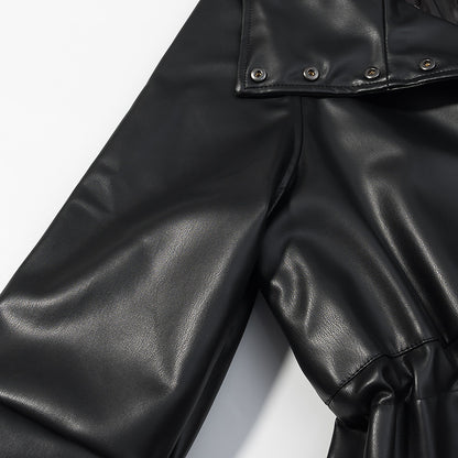 Temperament stand collar long sleeved single breasted black PU jacket with waist cinching for women