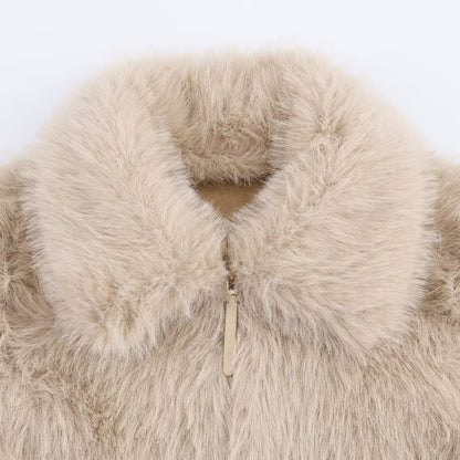 Women's collar long sleeved zipper faux fur jacket