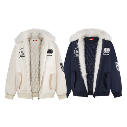 Manteau hiver Retro Letter Embroidery Faux Fur Collar Quilted Cotton Coat Unisex Trendy Loose Casual Versatile Outerwear