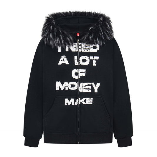 Manteau hiver Retro Letter Print Fleece Hooded Zip-Up Sweatshirt Unisex Streetwear Loose Casual Jacket