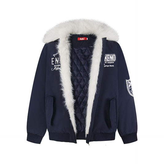 Manteau hiver Retro Letter Embroidery Faux Fur Collar Quilted Cotton Coat Unisex Trendy Loose Casual Versatile Outerwear