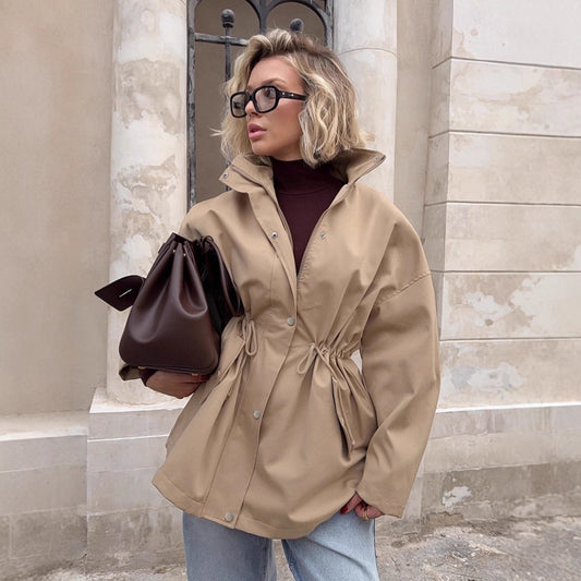 Vintage Preppy Style Drawstring Trench Coat for Women, Khaki Color, Belted Mid-Length Coat Outerwear