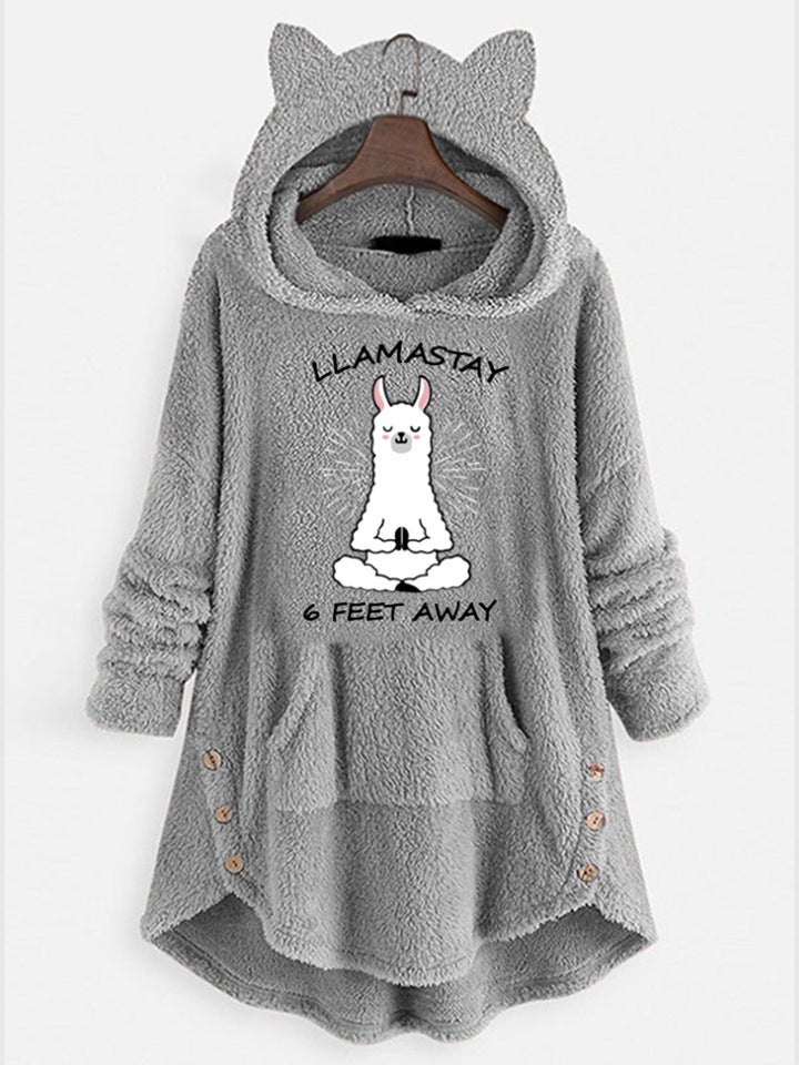 Sweat-shirt à manches longues à capuche en polaire avec oreilles de chat et motif imprimé