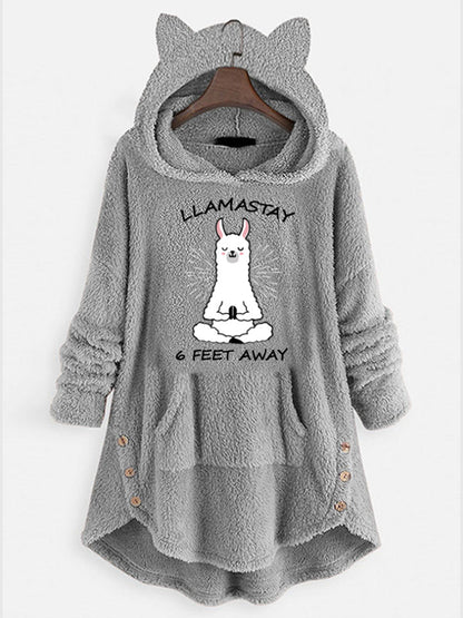 Sweat-shirt à manches longues à capuche en polaire avec oreilles de chat et motif imprimé