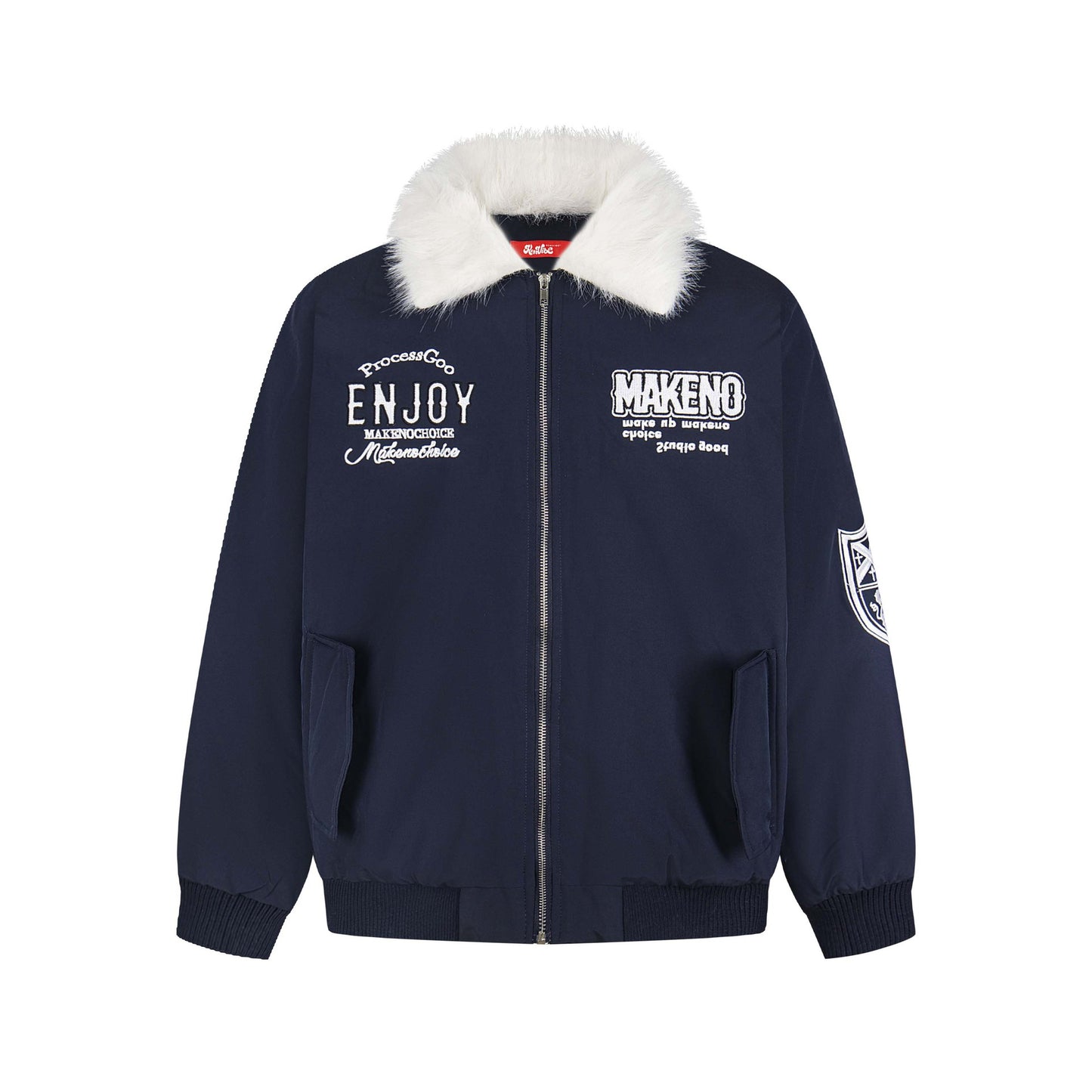 Manteau hiver Retro Letter Embroidery Faux Fur Collar Quilted Cotton Coat Unisex Trendy Loose Casual Versatile Outerwear