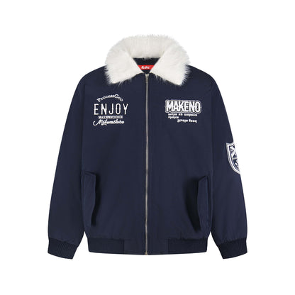 Manteau hiver Retro Letter Embroidery Faux Fur Collar Quilted Cotton Coat Unisex Trendy Loose Casual Versatile Outerwear