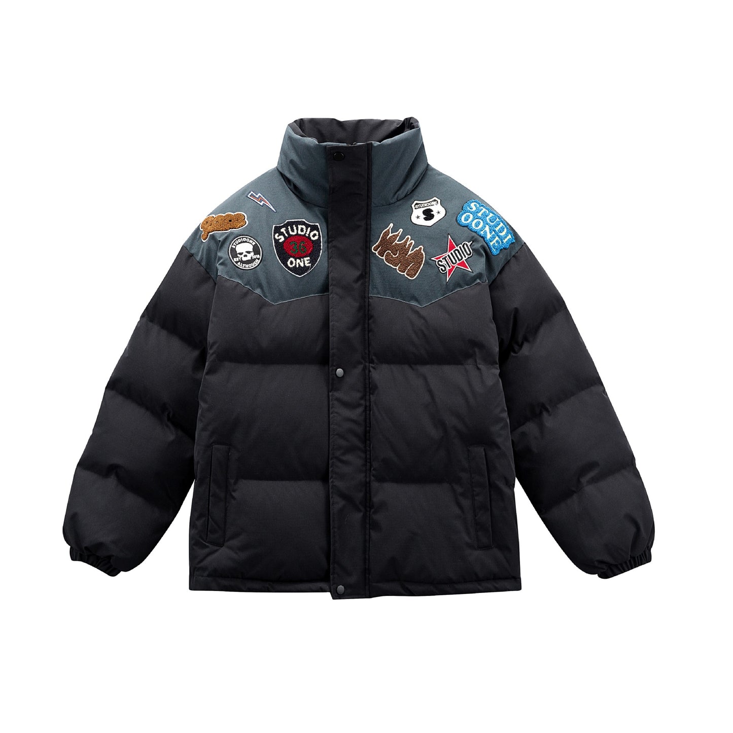 Manteau hiver Color Block  Stand-up Collar  Button Closure  Hooded  Cotton Coat