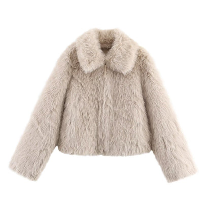 Women's collar long sleeved zipper faux fur jacket