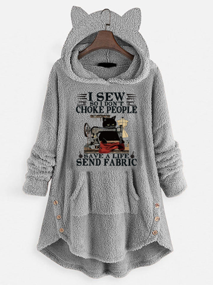 Sweat-shirt à manches longues à capuche en polaire avec oreilles de chat et motif imprimé