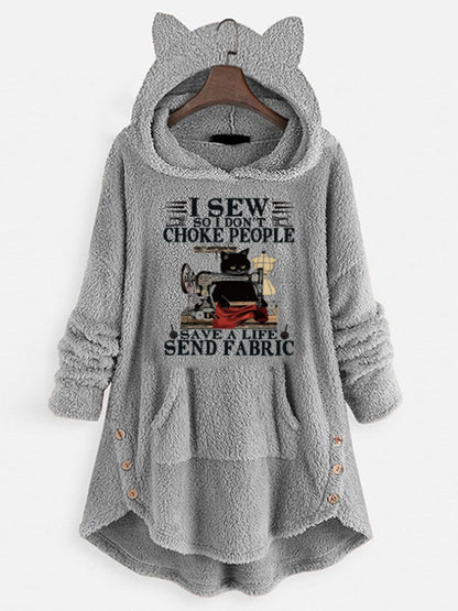 Sweat-shirt à manches longues à capuche en polaire avec oreilles de chat et motif imprimé