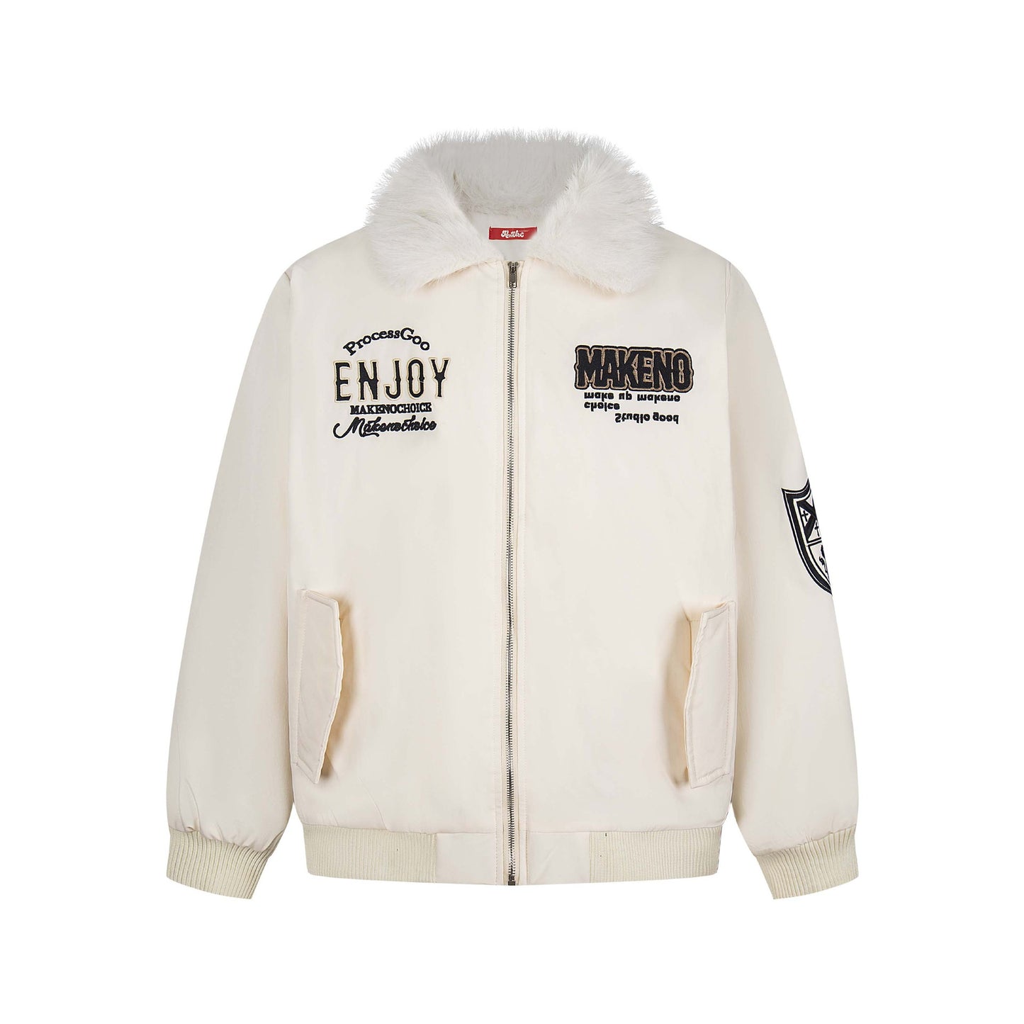 Manteau hiver Retro Letter Embroidery Faux Fur Collar Quilted Cotton Coat Unisex Trendy Loose Casual Versatile Outerwear