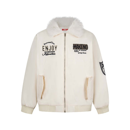 Manteau hiver Retro Letter Embroidery Faux Fur Collar Quilted Cotton Coat Unisex Trendy Loose Casual Versatile Outerwear