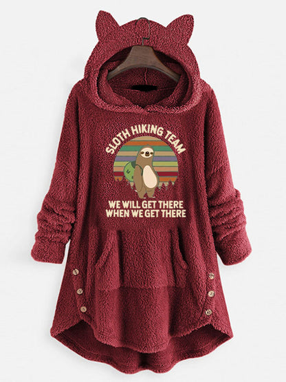 Sweat-shirt à manches longues à capuche en polaire avec oreilles de chat et motif imprimé