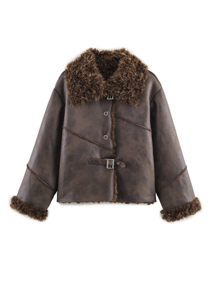 Versatile collar long sleeved fur one-piece jacket for women