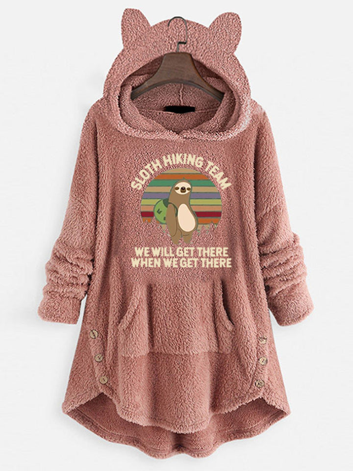 Sweat-shirt à manches longues à capuche en polaire avec oreilles de chat et motif imprimé