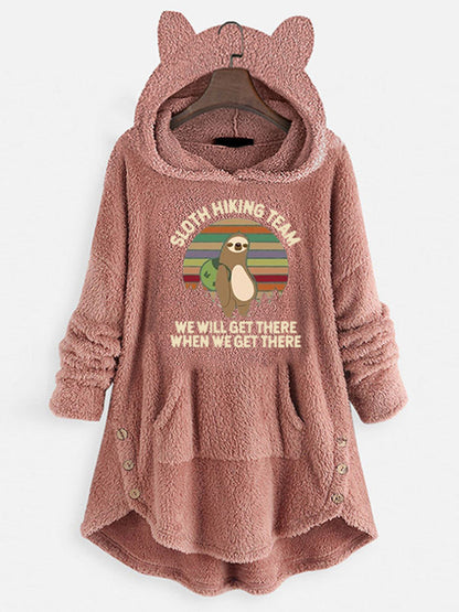 Sweat-shirt à manches longues à capuche en polaire avec oreilles de chat et motif imprimé