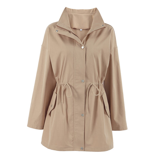 Vintage Preppy Style Drawstring Trench Coat for Women, Khaki Color, Belted Mid-Length Coat Outerwear