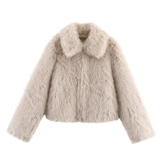 Women's collar long sleeved zipper faux fur jacket