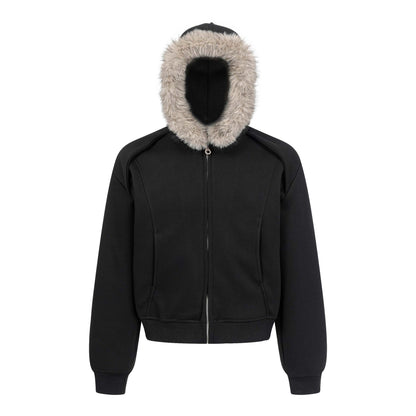 Manteau hiver Urban Streetwear Patchwork Minimalist Solid Color Hooded Zip-Up Sweatshirt Unisex Trendy Loose Casual Jacket