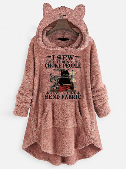 Sweat-shirt à manches longues à capuche en polaire avec oreilles de chat et motif imprimé