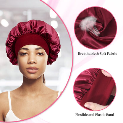 4 Pièces Bonnet Satin Cheveux Nuit et 4 Elastiques à Cheveux, Bonnet de Sommeil Chapeau Nuit en Satin à Large Band Élastique Bonnets de Nuit Doux pour Femmes Cheveux Longs Cheveux Bouclés