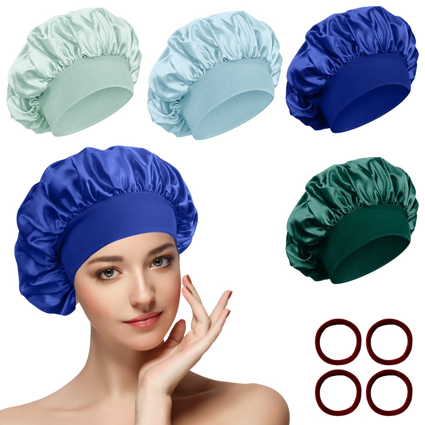 4 Pièces Bonnet Satin Cheveux Nuit et 4 Elastiques à Cheveux, Bonnet de Sommeil Chapeau Nuit en Satin à Large Band Élastique Bonnets de Nuit Doux pour Femmes Cheveux Longs Cheveux Bouclés