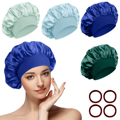 4 Pièces Bonnet Satin Cheveux Nuit et 4 Elastiques à Cheveux, Bonnet de Sommeil Chapeau Nuit en Satin à Large Band Élastique Bonnets de Nuit Doux pour Femmes Cheveux Longs Cheveux Bouclés