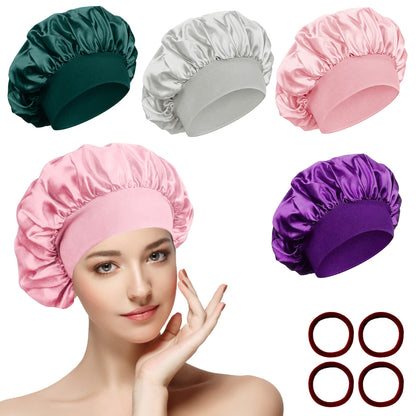 4 Pièces Bonnet Satin Cheveux Nuit et 4 Elastiques à Cheveux, Bonnet de Sommeil Chapeau Nuit en Satin à Large Band Élastique Bonnets de Nuit Doux pour Femmes Cheveux Longs Cheveux Bouclés