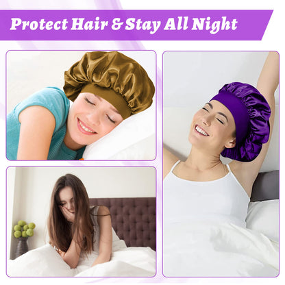 4 Pièces Bonnet Satin Cheveux Nuit et 4 Elastiques à Cheveux, Bonnet de Sommeil Chapeau Nuit en Satin à Large Band Élastique Bonnets de Nuit Doux pour Femmes Cheveux Longs Cheveux Bouclés