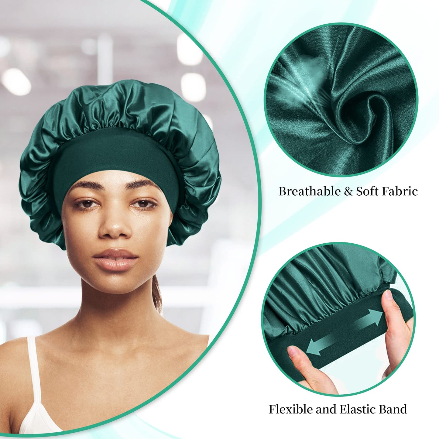 4 Pièces Bonnet Satin Cheveux Nuit et 4 Elastiques à Cheveux, Bonnet de Sommeil Chapeau Nuit en Satin à Large Band Élastique Bonnets de Nuit Doux pour Femmes Cheveux Longs Cheveux Bouclés