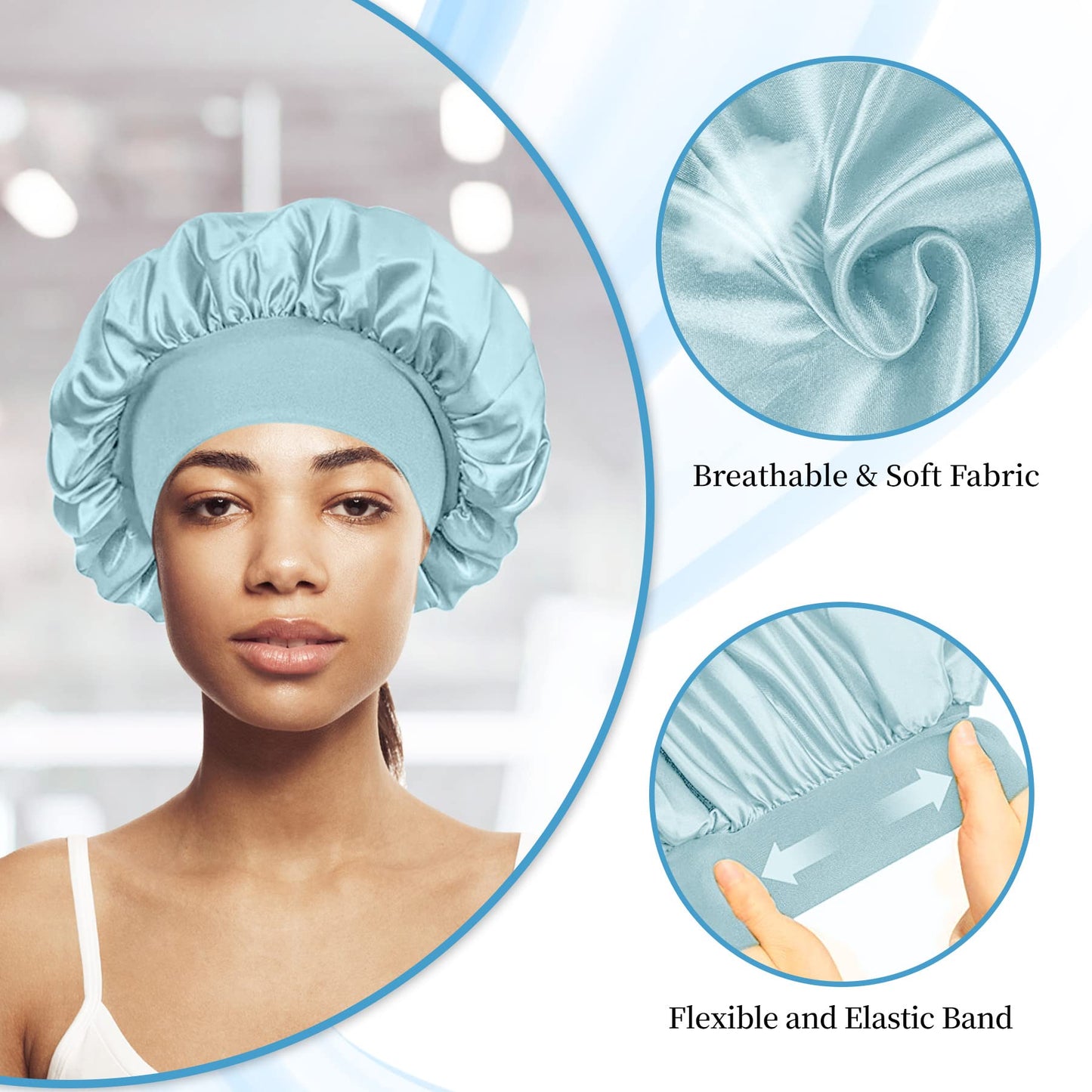 4 Pièces Bonnet Satin Cheveux Nuit et 4 Elastiques à Cheveux, Bonnet de Sommeil Chapeau Nuit en Satin à Large Band Élastique Bonnets de Nuit Doux pour Femmes Cheveux Longs Cheveux Bouclés